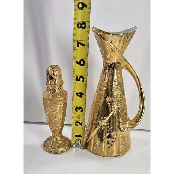 Vtg Savoy Weeping Gold Mid Century Modern MCM Vase Plus Salt and Pepper Shakers - Picture 5 of 14
